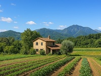 アグリツーリズモの建物外観と畑と山の風景